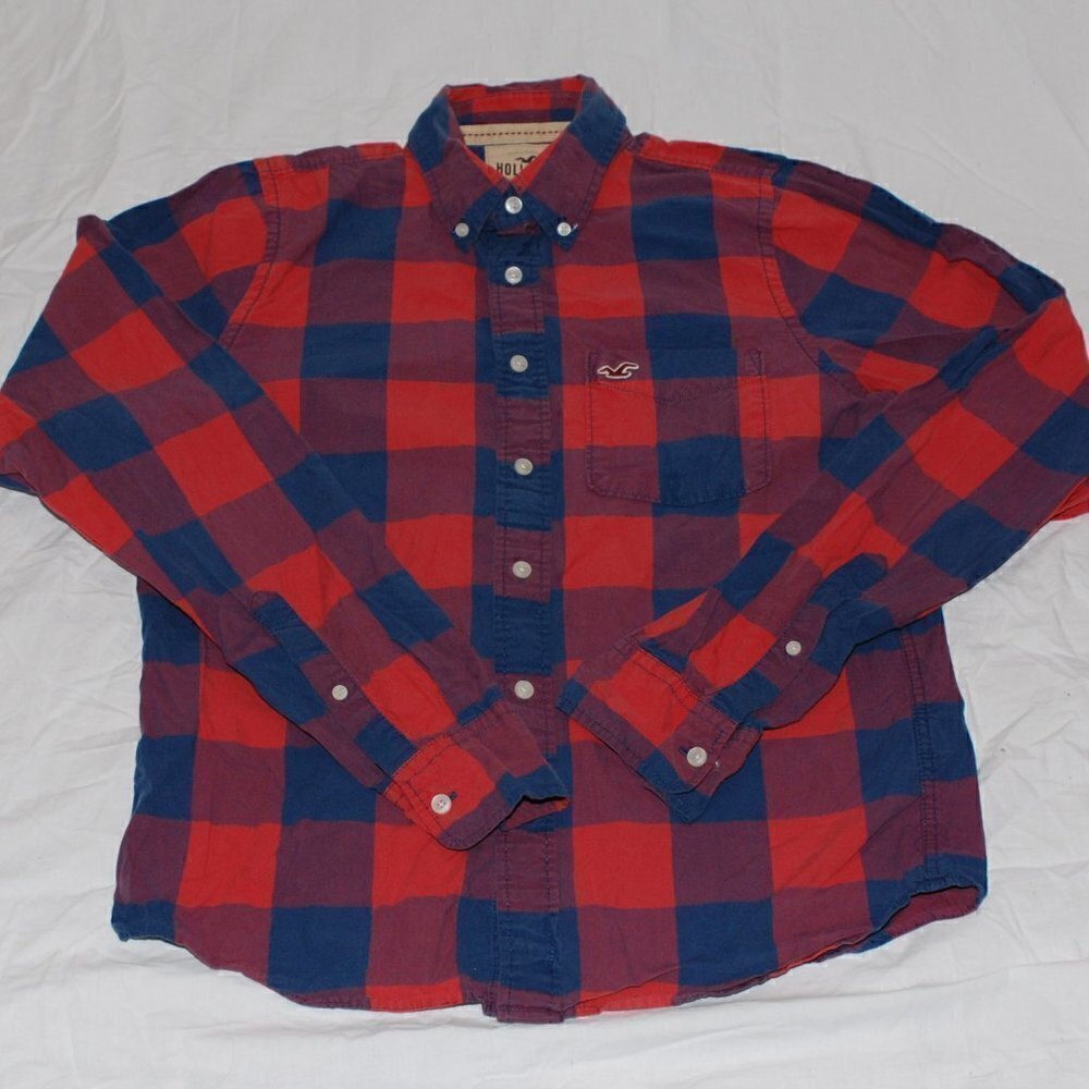Hollister California XL Mens Slim Fit Red Blue Purple Plaid Button Down GUC